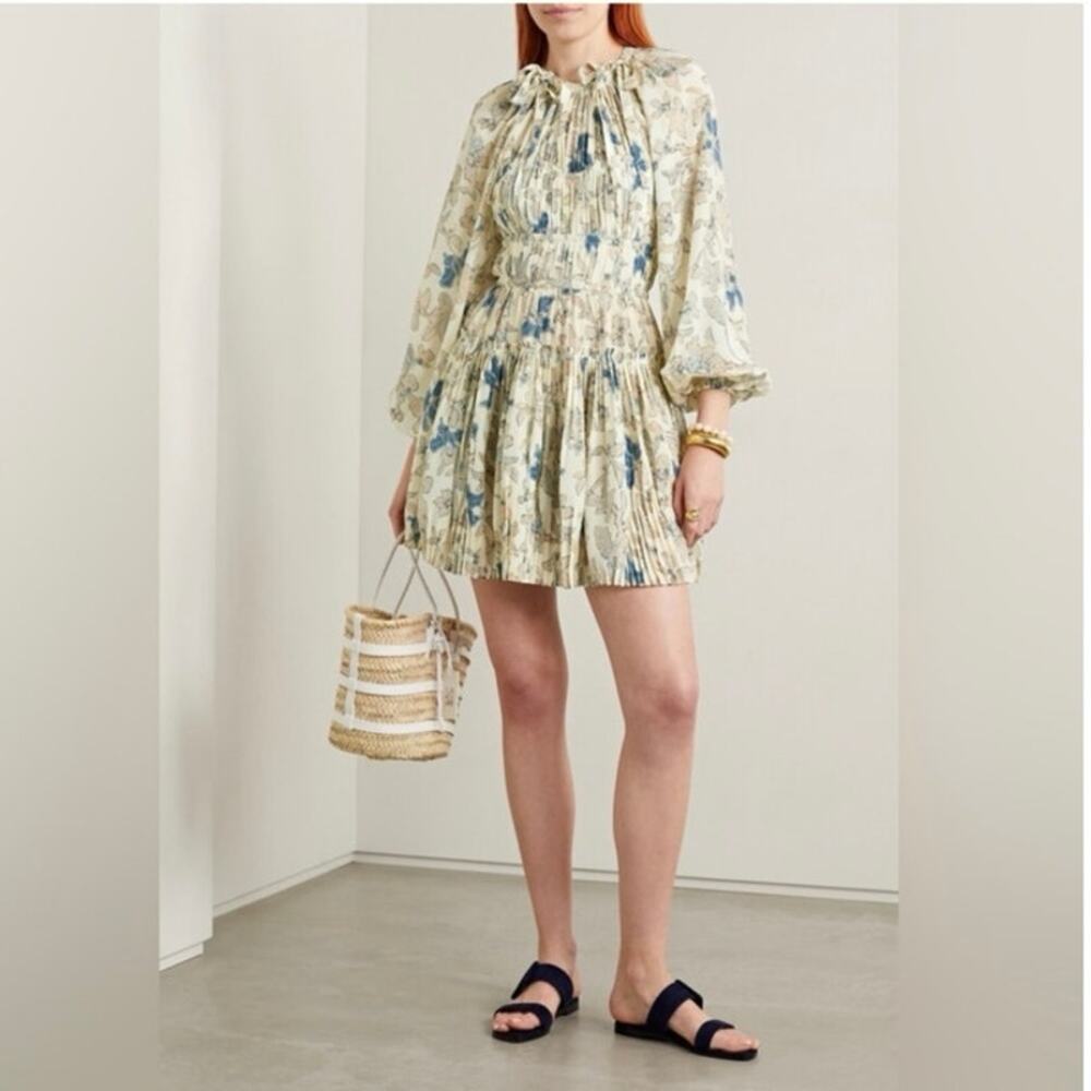 ULLA JOHNSON Sefia Pleated Mini Dress 100% Silk Jasmine Floral Print Ivory Sz 6